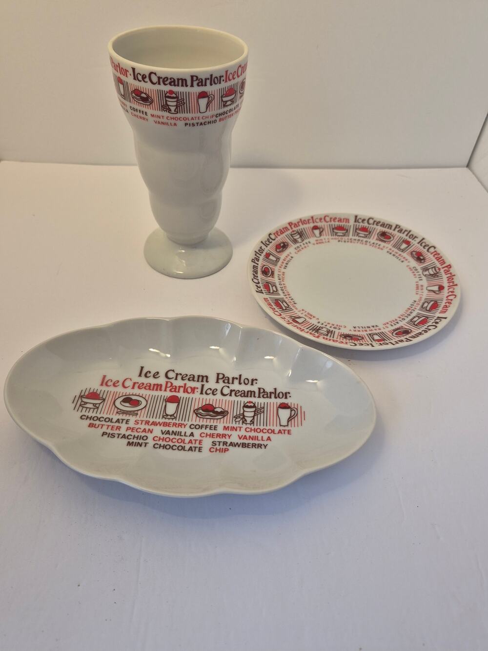 Vintage Ice Cream Parlor 3pc Set Shake Cup Round Oval Plate Ceramic